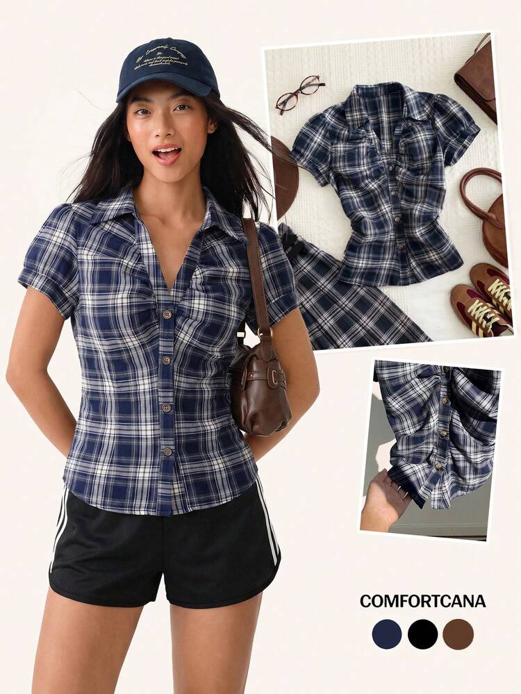 Comfortcana Women's Navy Blue Striped Short Puff Sleeve Single-Breasted Casual Shirt, Summer Apparel - Navy Blue - View 5