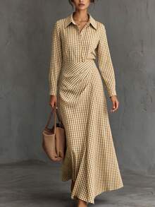 SHEIN Holidaya Spring/Autumn Plaid Cinched Waist Extra Long Pleated Dress, Bohemian Style Fashion Autumn/Winter Dress - Yellow - View 6