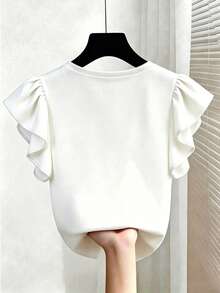 EMERY ROSE Camiseta de manga corta con cuello en V y ribete de volantes, elegante estilo francés, talla grande, ajuste ceñido - Multicolor - Ver 2