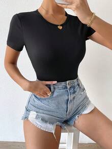 SHEIN Tie Back Rib Knit Top - Black - View 4
