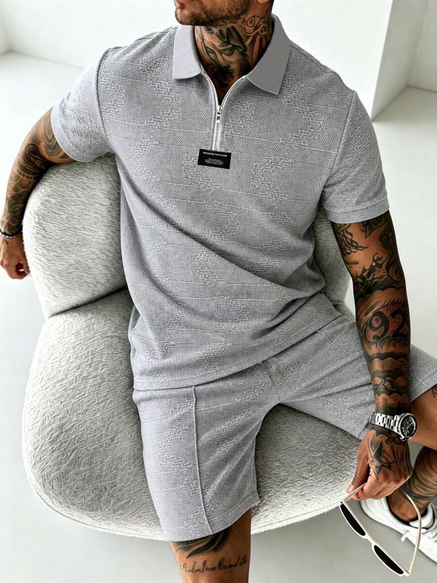EGENSIO Men's Knitted Jacquard Solid Color Textured Grey Collar Cuffs Ribbed Zipper Polo Set Beach Going Out Holiday Vaction Summer Casual - Grey - View 1