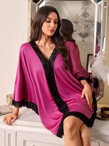 SHEIN 女款深V領蕾絲拼接性感日常居家睡衣套裝 - 玫紅色 - 查看 4