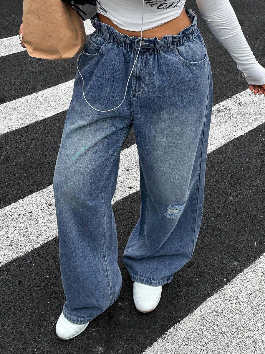 Livesso Curve Semi-Elastic Waist Loose Wide Leg Cuffed Washed Blue Denim Shorts Summer - Light Wash - View 1