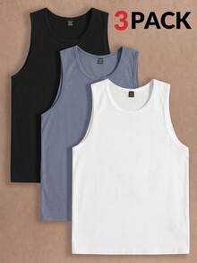 HIMLAND 3pcs/Pack Men's Casual Knit Sleeveless Solid Color Tank Tops, Suitable For Daily Wear - Multicolor - View 1