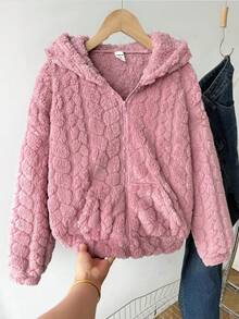 SHEIN Tween女孩舒適柔軟麥穗圖案休閒時尚毛絨外套 秋冬款 - 粉色 - 查看 1