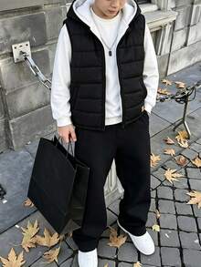 Boys' Casual Thermal-Lined Hooded Vest, Suitable For Daily Wear, Versatile, Winter - Black - View 4