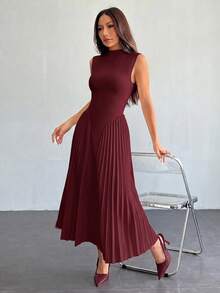 SHEIN PETITE 女款優雅百褶修身A字洋裝 - 酒紅色 - 查看 3