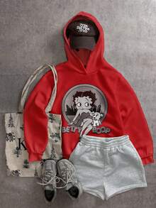 Betty Boop x SHEIN SHEIN EZwear 休閒極簡卡通印花連帽長袖寬鬆加厚女款運動衫 - 紅色 - 查看 7