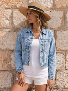 EMERY ROSE Jaket Denim Lengan Panjang Kasual Polos untuk Wanita - Light Wash - View 3