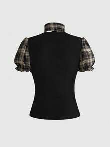 Sweetness Sexy Y2K Millennium Style Full Print Petal Sleeve Ruffle Design With Scarf Collar Women's T-Shirt - Black - View 3