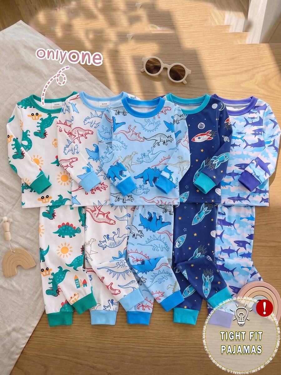 Baby Boy Comfortable Soft High Elasticity Ribbed Fabric Beige Cute Dinosaur All-Over Print Pattern Crew Neck Top And Matching Pattern Long Pants Tight Fit Pajama Set - Multicolor - View 1
