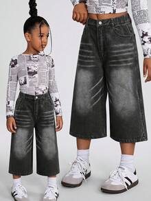 SHEIN Explorewe Girls' Comfortable Washed Soft Vintage Streetwear Loose Street Style Non-Stretch Wide Leg Denim Mid-Length Pants Thin For Autumn School Dark Grey - Black - View 3