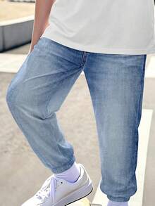 【Mom's Top Choice 高端童裝】大童男孩休閒舒適時尚極簡圓領短袖T恤與淺藍色長褲 US 印花兩件套，適合 8-12 歲男孩，秋季返校運動穿搭 NK - 白色 - 查看 4