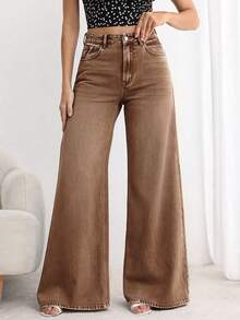 SHEIN PETITE Women's Casual Washed Loose Wide Leg Jeans - Coffee Brown - View 1