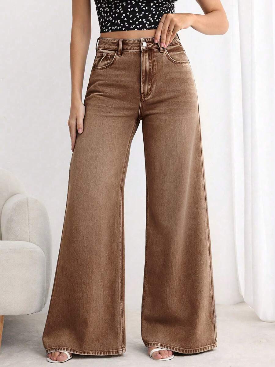 SHEIN PETITE Women's Casual Washed Loose Wide Leg Jeans - Coffee Brown - View 1