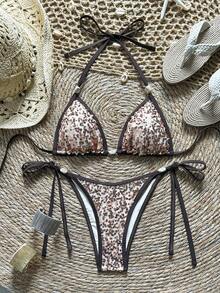 Bonvoyette 2-Piece Spring/Summer Sequin Textured Fabric Marble Print Bead Decor Triangle Cup Bra And Side Tie Bikini Bottom Sexy Bikini Set Beach Club Brown - Multicolor - View 3