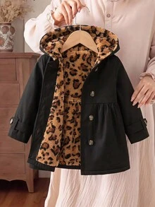 SHEIN 女嬰編織素色雙排扣豹紋人造毛內裡連帽休閒冬季外套 - 黑色 - 查看 1