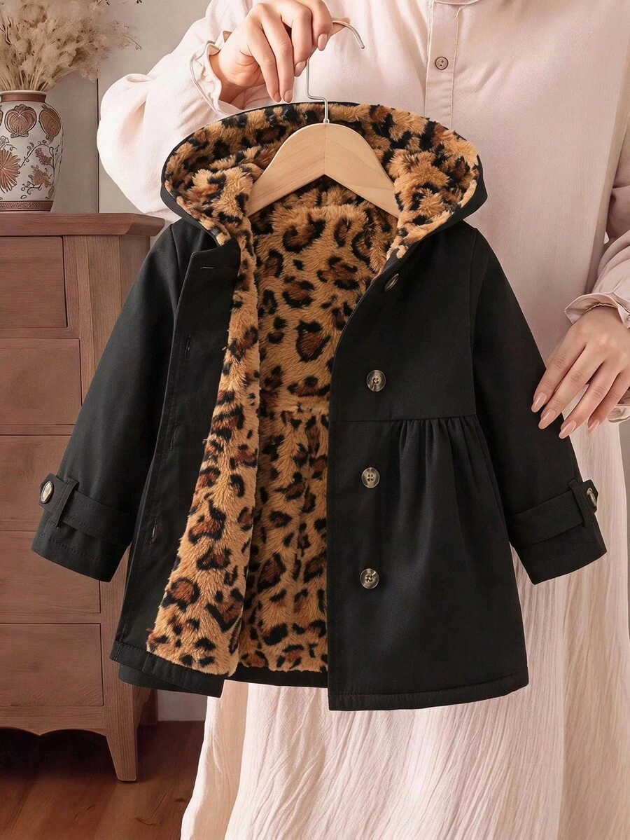 SHEIN 女嬰編織素色雙排扣豹紋人造毛內裡連帽休閒冬季外套 - 黑色 - 查看 1