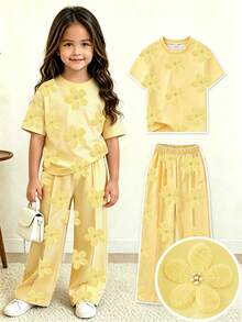 Elladie kids 女童休閒寬鬆落肩豹紋中袖衛衣與運動褲兩件套返校套裝，適合休閒、日常穿著與秋冬校園日常穿著，適用於女童冬季服裝、派對穿著、日常穿著、校園日常穿著、生日套裝、公主套裝、母女與姊妹穿搭 - 黃色 - 查看 1