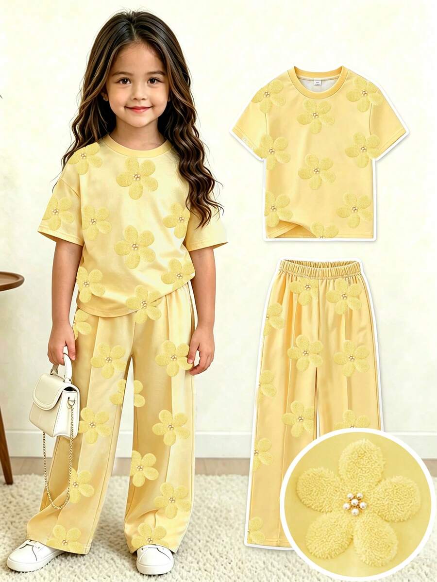 Elladie kids 女童休閒寬鬆落肩豹紋中袖衛衣與運動褲兩件套返校套裝，適合休閒、日常穿著與秋冬校園日常穿著，適用於女童冬季服裝、派對穿著、日常穿著、校園日常穿著、生日套裝、公主套裝、母女與姊妹穿搭 - 黃色 - 查看 1