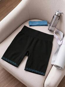 SHEIN Cheerettes Women's Plus Size Black Seamless High Waist Casual Versatile Daily Travel Sports Shorts High Waist Soft Stretch Knit Tummy Control Butt Lift Squat Pr - Black - View 3