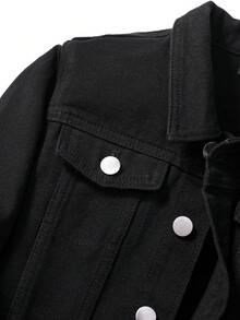 SHEIN Coolqubz 小男孩休閒寬鬆時尚百搭牛仔外套 - 黑色 - 查看 3