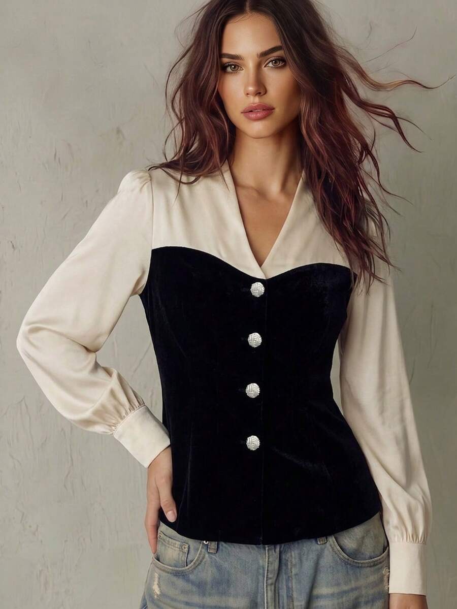 Franclia Women's Elegant Detailed V-Neck Long Sleeve Contrast Color Button Decorated Blouse, Spring/Autumn Fall Cloth For Women - Multicolor - View 1