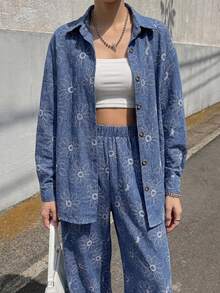 DAZY 春夏藍色西式海灘度假風丹寧質感亞麻面料寬鬆極簡女款兩件式上衣與長褲套裝 - 藍色 - 查看 2