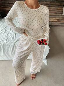 Dazy Plus 2pcs/Set Ditsy Floral Casual Slim Fit Long Sleeve Top & Pants Pajama Set, Spring/Autumn - White - View 4