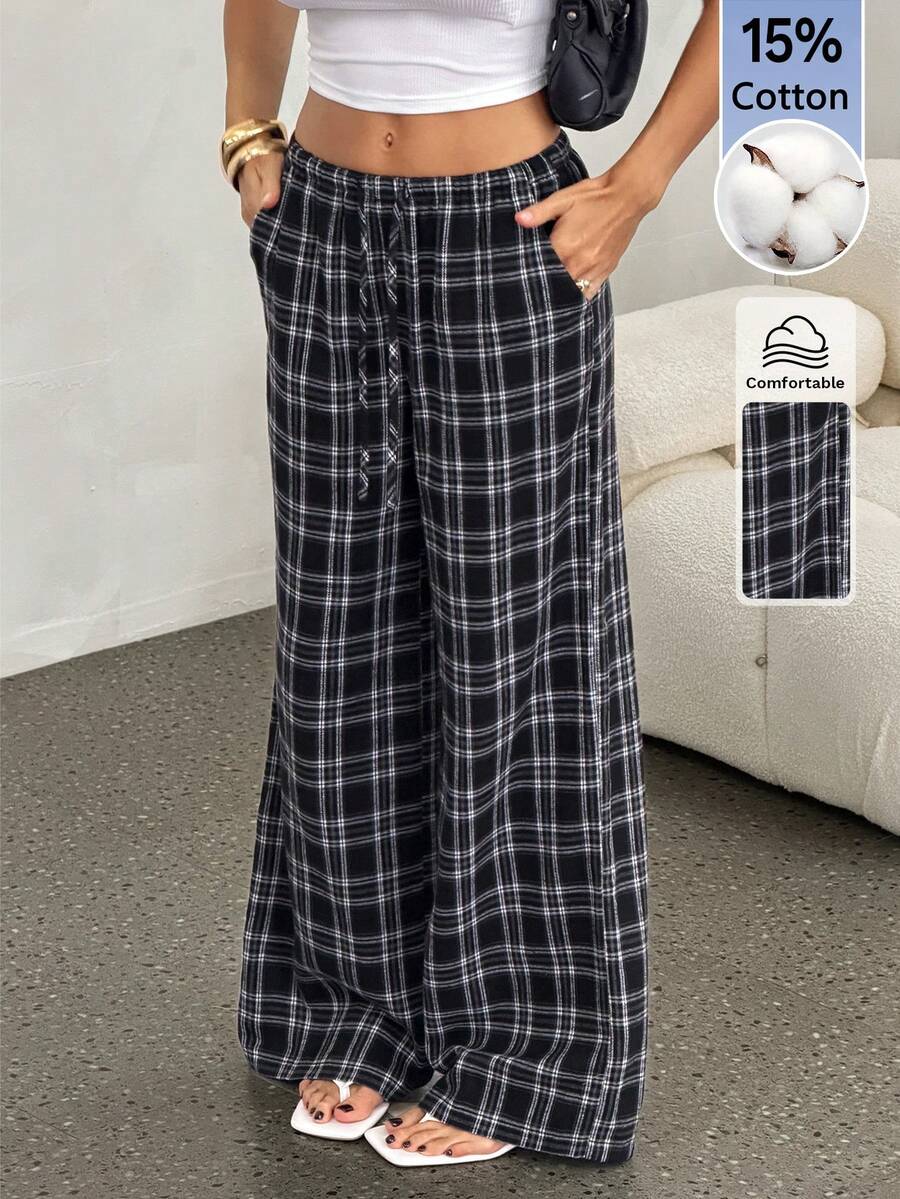 SHEIN Tall Women's Drawstring Waist Plaid Wide Leg Loose Casual Long Pants - Black - View 1
