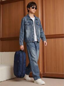Tween Boy Denim Outfit, Casual Vintage Distressed, Loose Jacket + Wide Leg Jeans 2 Pieces Set, Matching T-Shirt, School, Holiday, Fall, Light Blue - Medium Wash - View 4