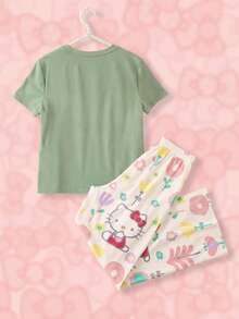 HELLO KITTY AND FRIENDS | SHEIN ملابس منزلية للبنات المراهقات بطبعة كرتونية، ملابس علوية بأكمام قصيرة وبنطال طويل - أخضر - مشاهدة 2