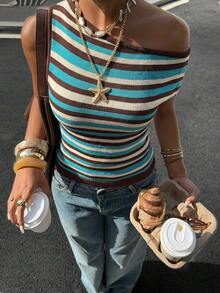 Siren Gaze Summer Striped Off-Shoulder Knit Top - Multicolor - View 5