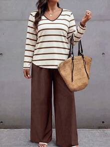 EMERY ROSE Women's Autumn/Winter Striped Print Pattern Casual Traditional Plus Size 2 Pieces Set Fall Brunch Formal Cream Chocolate Brown - Multicolor - View 3