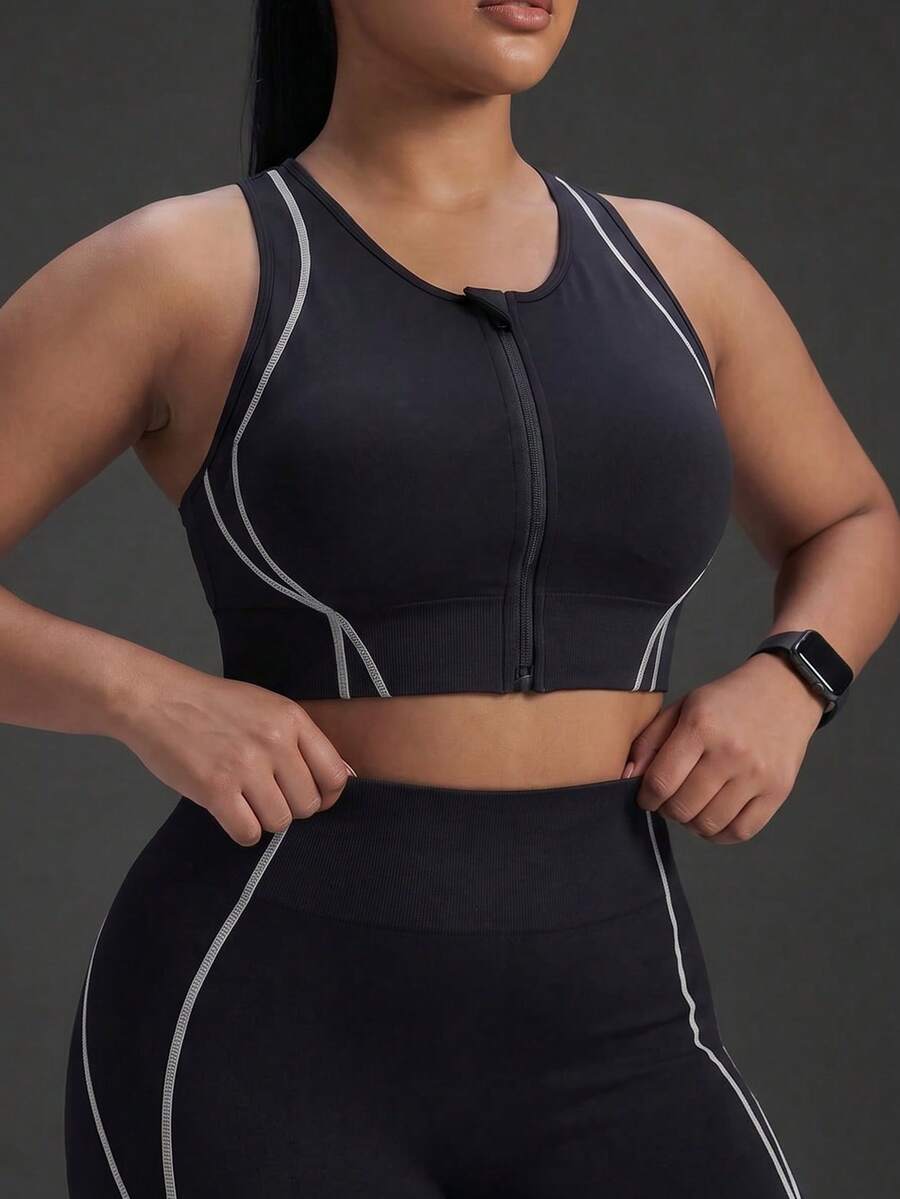 Powerista Women's Plus Size Seamless Front Zip Black Sports Bra With White Line Fashionable Seamless High Support Gym Casual Bra For  Running Cycling