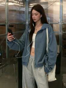DAZY 女款時尚街頭風拉鍊長袖連帽牛仔外套可愛上衣 - 黑色 - 查看 4