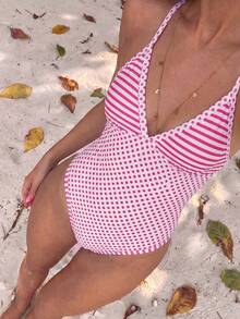 Swim Mod Pakaian Pantai Wanita untuk Liburan Musim Semi/Panas Motif Polkadot Merah Muda dan Putih, Baju Terusan dengan Tali Bahu yang Dapat Diatur, Gaya Tropis yang Imut - MultiWarna - View 3