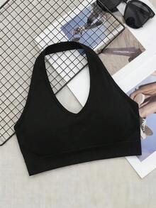 SHEIN Cheerettes Women's Plus Size Seamless Solid Color Daily Fitness Halter Neck Black Sports Bra High Stretch Breathable Moisture Wicking Halter Neck Removable Pads - Black - View 3