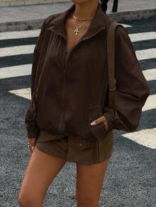 Muchica Women's Solid Color Stand Collar Zipper Fashion Streetwear Versatile Daily Travel Long Sleeve Jacket Everyday Dark Brown Autumn - Coffee Brown - View 4