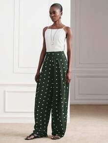 Aveloria Modichic Modern Elegant 70s Women Casual Versatile Commute Office Party Daily Green Polka Dot With White Polka Dot High Waist Tapered Leg Long Pants Fall - Green - View 7