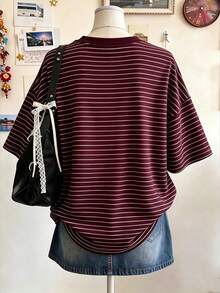 青少年女孩數位條紋圖案短袖上衣，休閒舒適時尚春/夏風格，百搭夏季穿搭，適合戶外運動、野餐、街拍、校園、節慶、禮物，美式復古風格女孩款 - 彩色 - 查看 2