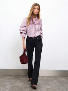 Nöista Blusa de rayas finas rosa con bordado de panal y volantes, estilo retro francés. Primavera, verano, otoño, top versátil, vuelta al colegio - Rosa - Ver 7