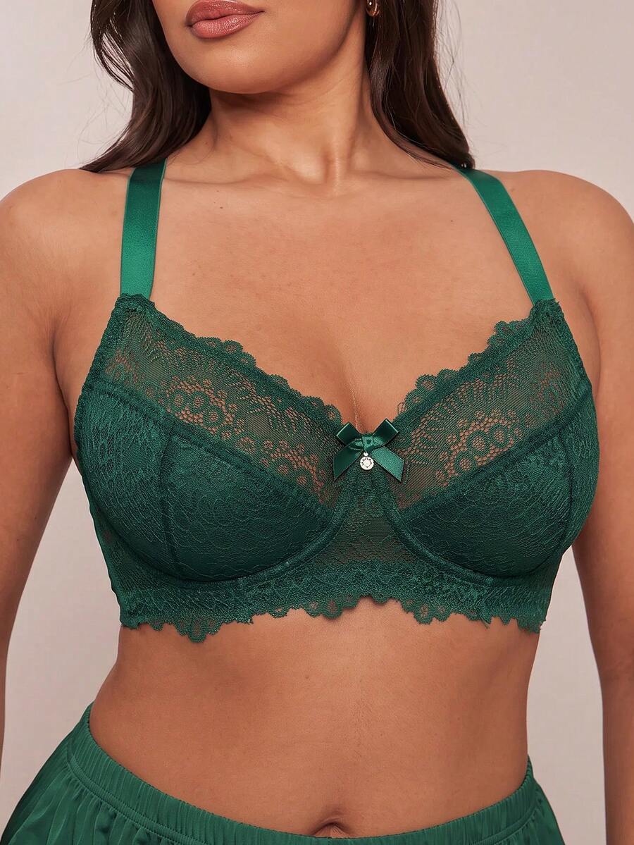 SHEIN BAE CURVE 1件加大码蕾丝拼接钢圈文胸，圣诞节 - 綠色 - 查看 1