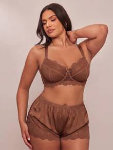 SHEIN BAE CURVE 圣诞蕾丝拼接加大码钢圈文胸 - 咖啡棕 - 查看 4