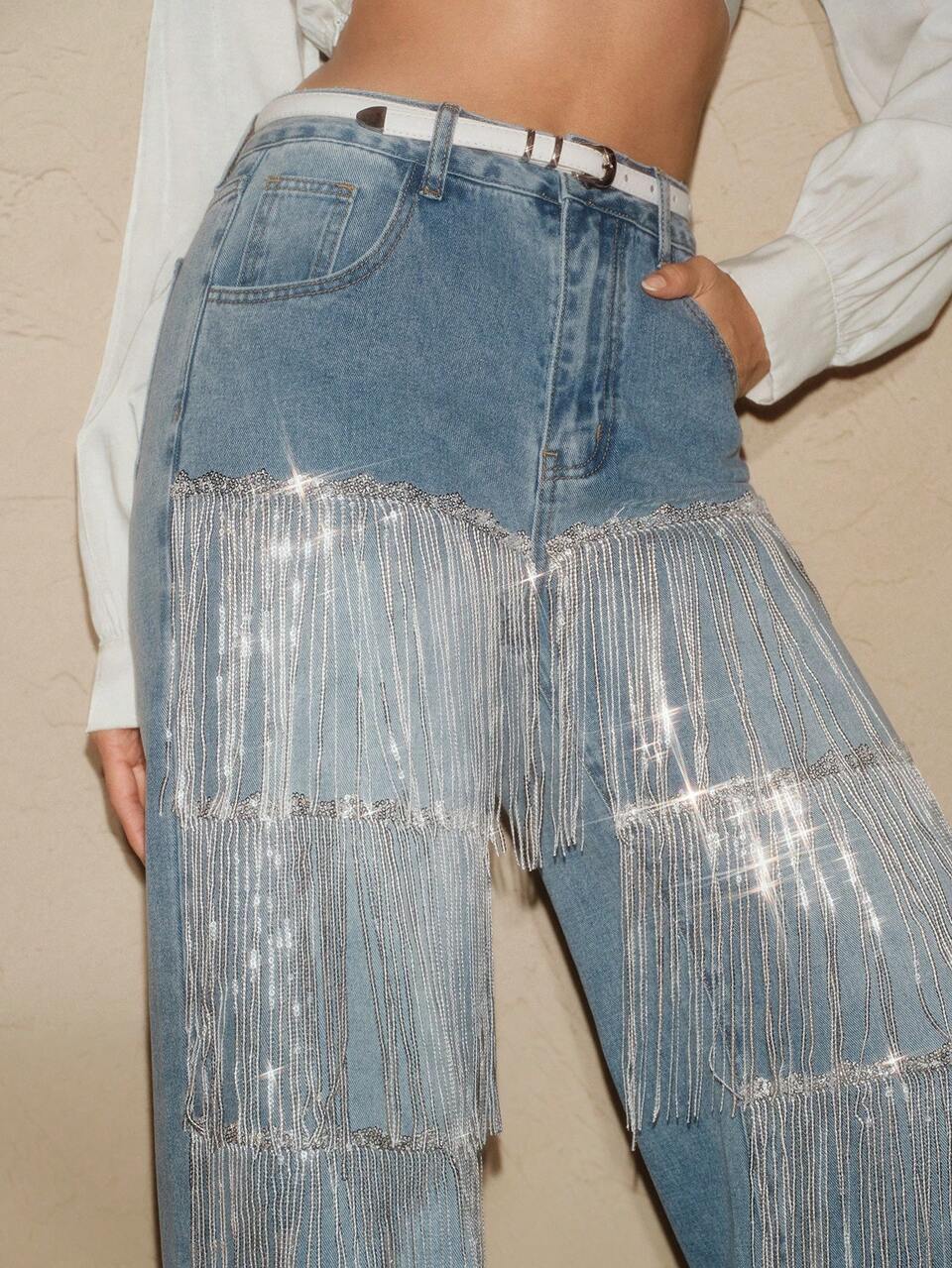 Anewsta Women's Fashion New Flowy Tassel Blue Straight Leg Jeans