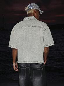 STEELVANCE 男士花卉圖案單排扣休閒百搭日常穿著牛仔夾克 - 軍綠色 - 查看 2