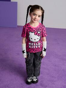HELLO KITTY AND FRIENDS | SHEIN 少女卡通蝴蝶结豹纹可爱甜美休闲百搭短袖T恤夏季 - 彩色 - 查看 5