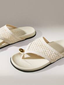 Solecia Damen Schuhe Frühling und Sommer neu gewebt goldene Dekoration flacher Absatz lässig einfach apricot Damen Sandalen Strand Dating Reisebekleidung - Aprikosenfarben - Übersicht 5