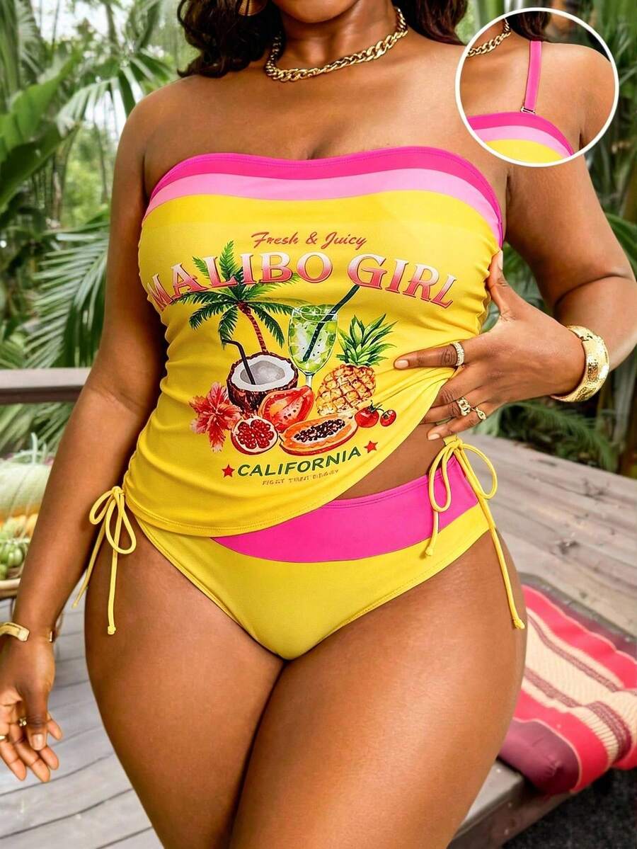 SHEIN Swim 2026新款大尺碼女款兩件式水果印花平口比基尼上衣，附抽繩抓皺高腰泳褲，夏季海灘度假穿搭，度假服飾，派對穿搭，優雅女款海灘泳裝，女款度假服飾