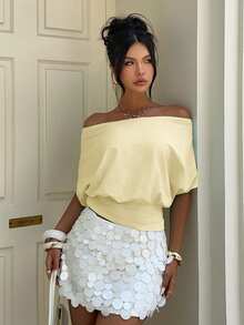Aloruh Women's Spring/Summer Vacation Solid Color Yellow Mint Green Sexy Backless Loose Off-Shoulder Tie-Front T-Shirt, Suitable For Vacation, Party, Date, Music Festival, Y2K - Light Yellow - View 10